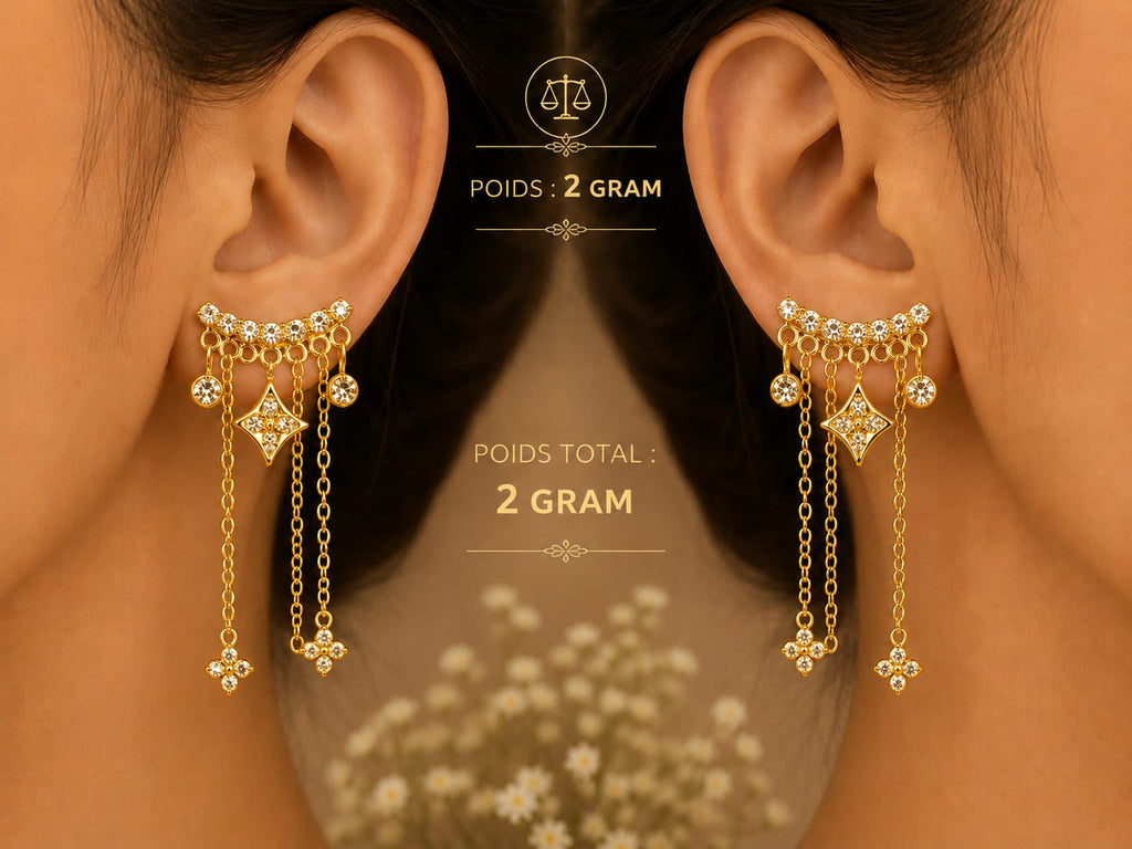 Boucles d'oreilles pendantes dorées étoiles strass - portées, poids 2 g