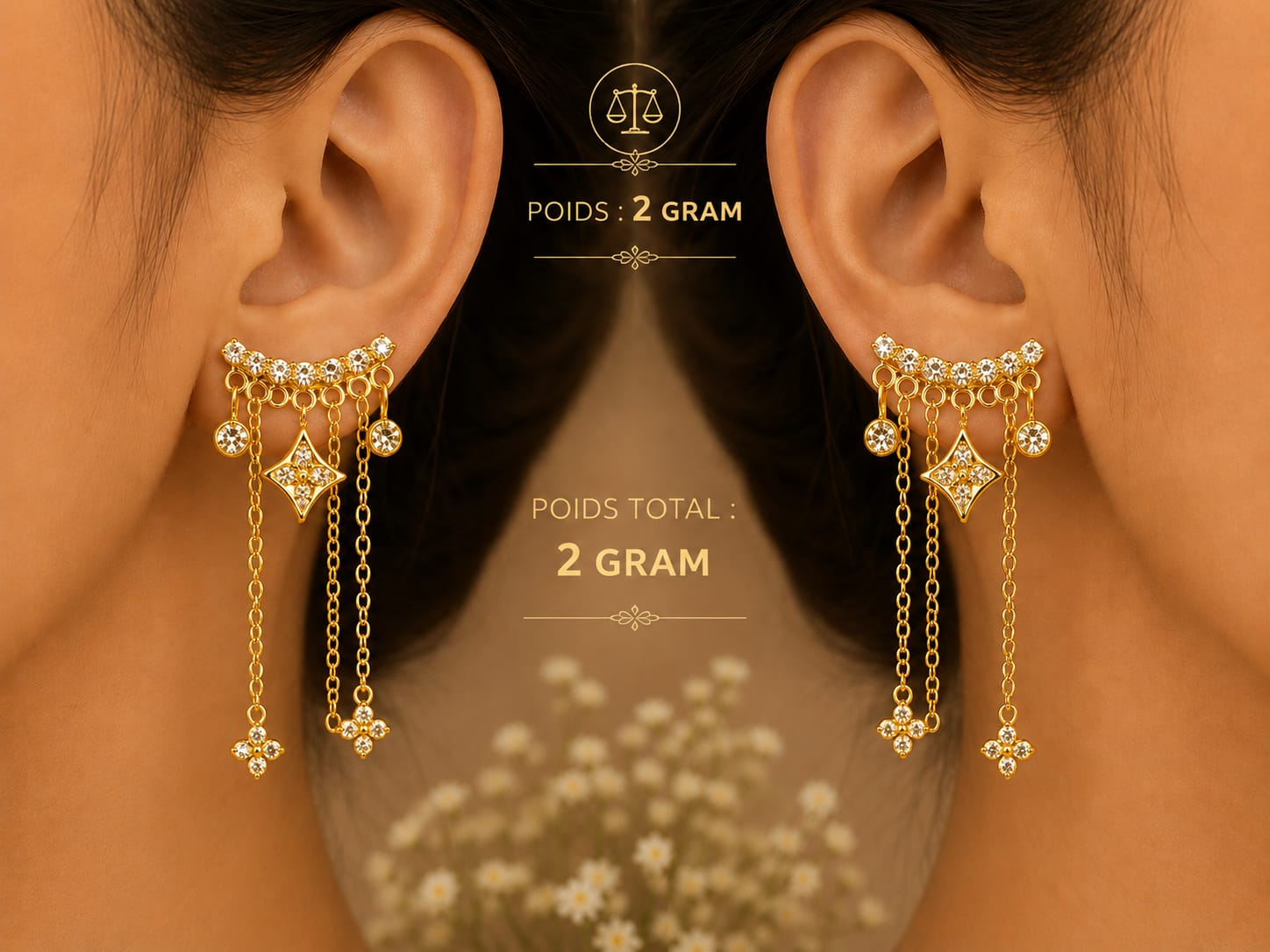 Boucles d'oreilles pendantes dorées étoiles strass - portées, poids 2 g