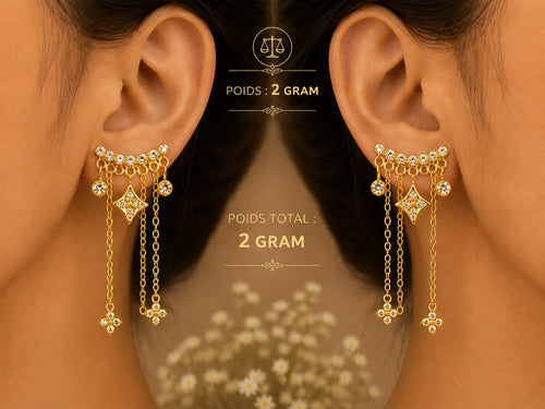 Boucles d'oreilles pendantes dorées étoiles strass - portées, poids 2 g