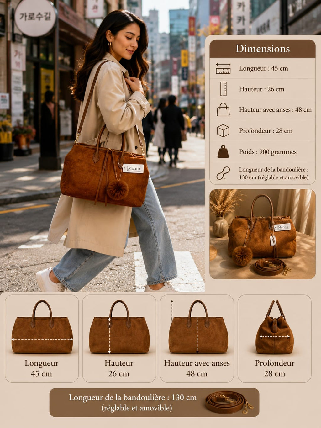 Sac Marina Marron Cognac - porté en ville avec dimensions