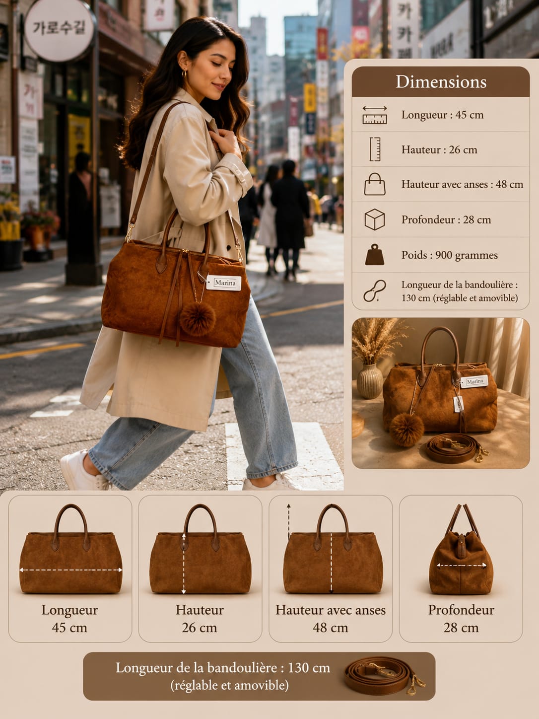 Sac Marina Marron Cognac - porté en ville avec dimensions