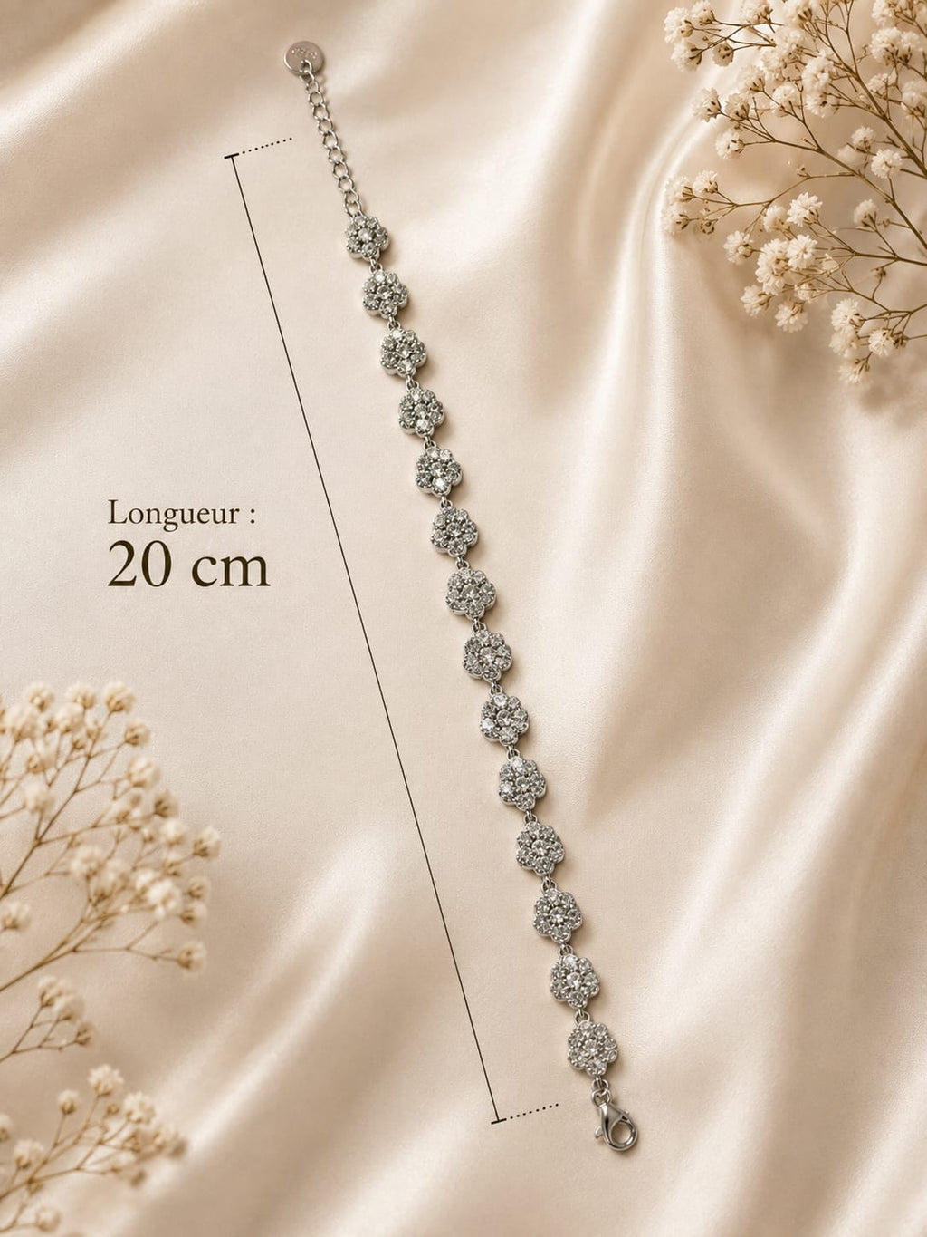 Bracelet fleurs strass argenté - longueur 20 cm à plat