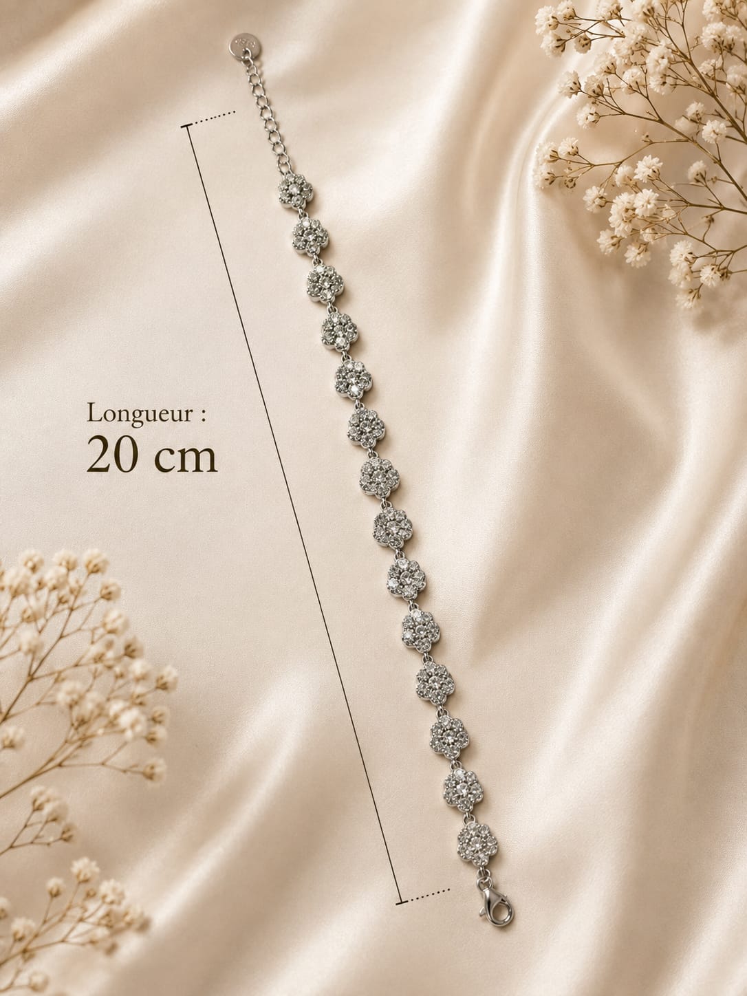Bracelet fleurs strass argenté - longueur 20 cm à plat