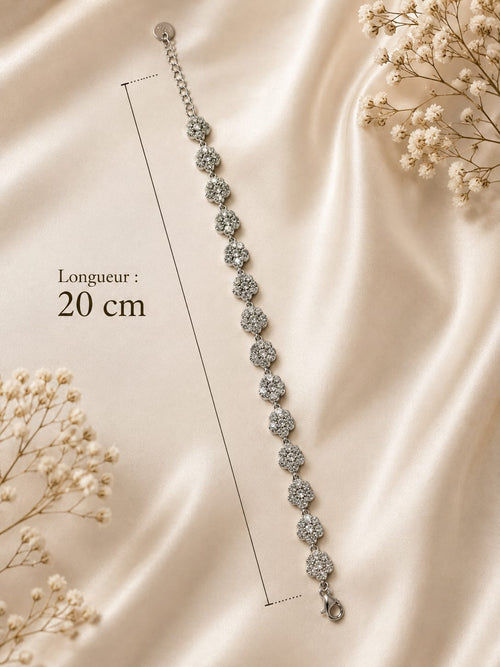 Bracelet fleurs strass argenté - longueur 20 cm à plat