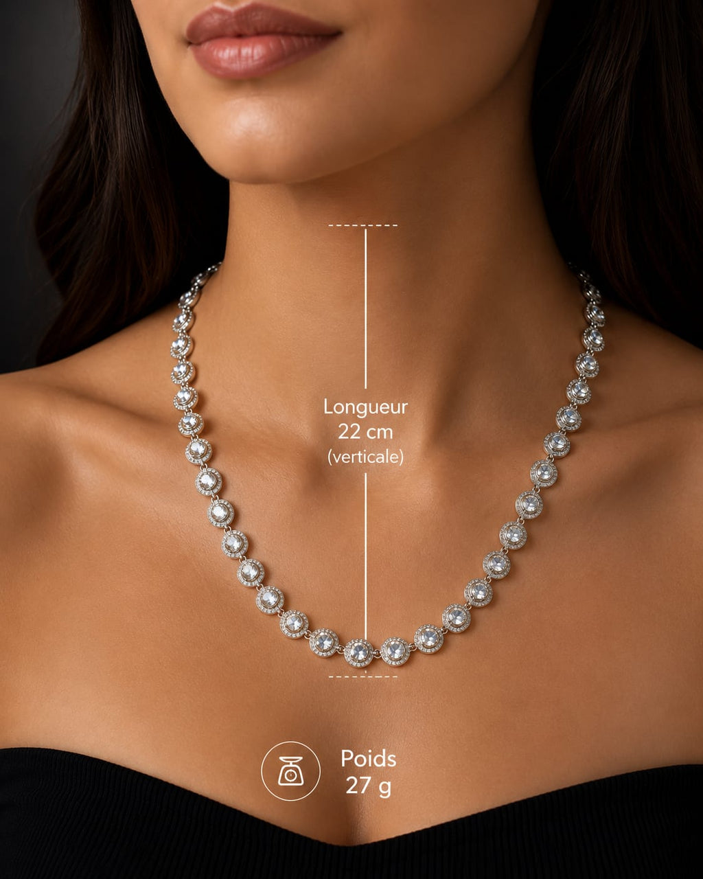 Collier rivière strass argenté - porté, longueur 22 cm, poids 27 g