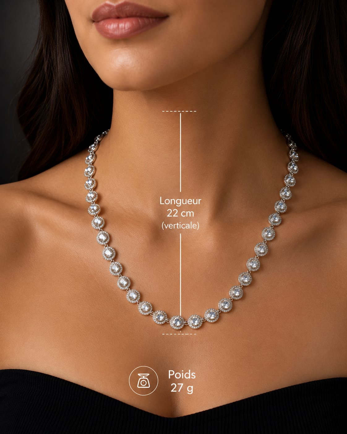 Collier rivière strass argenté - porté, longueur 22 cm, poids 27 g