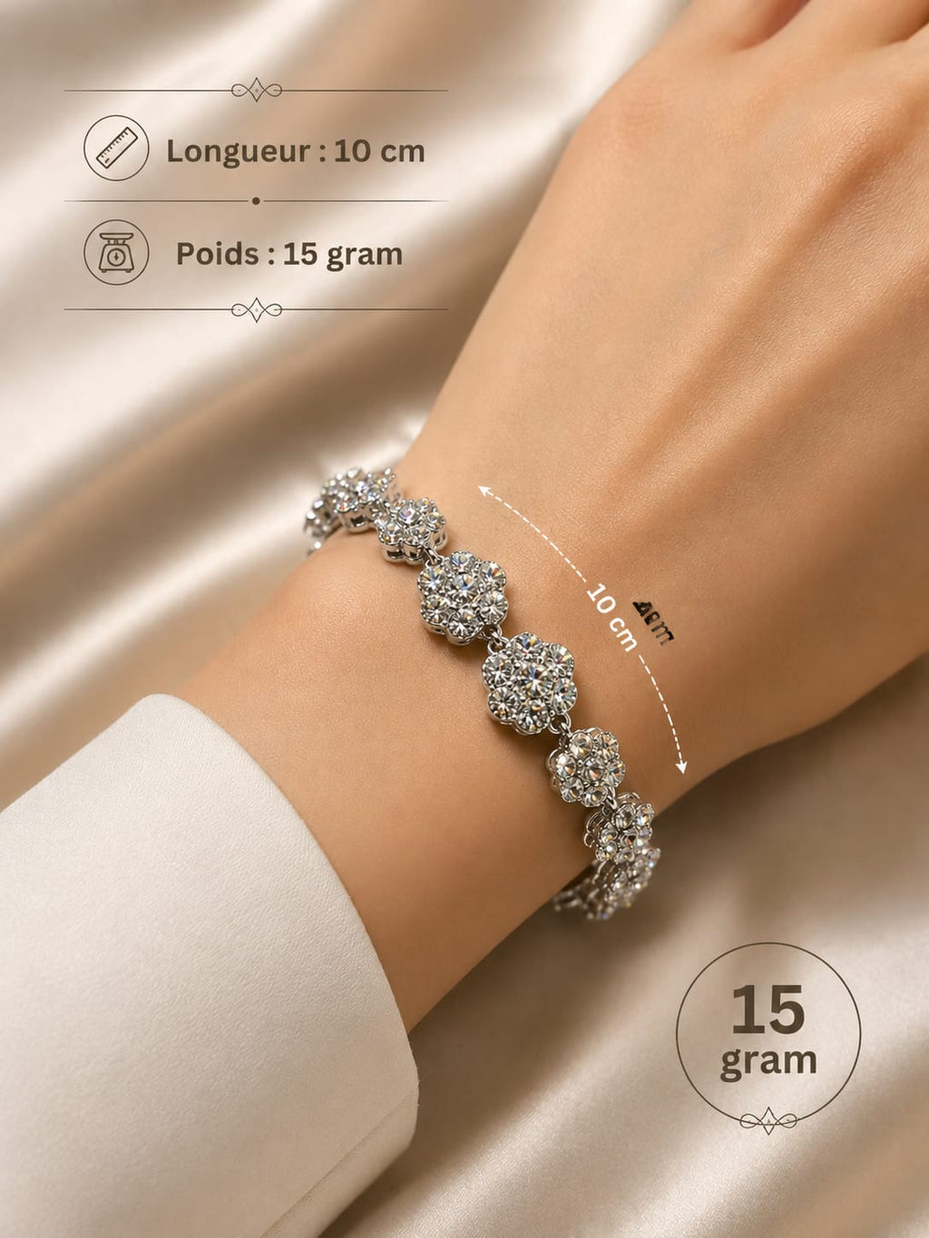 Bracelet fleurs strass argenté - porté au poignet, 10 cm, 15 g