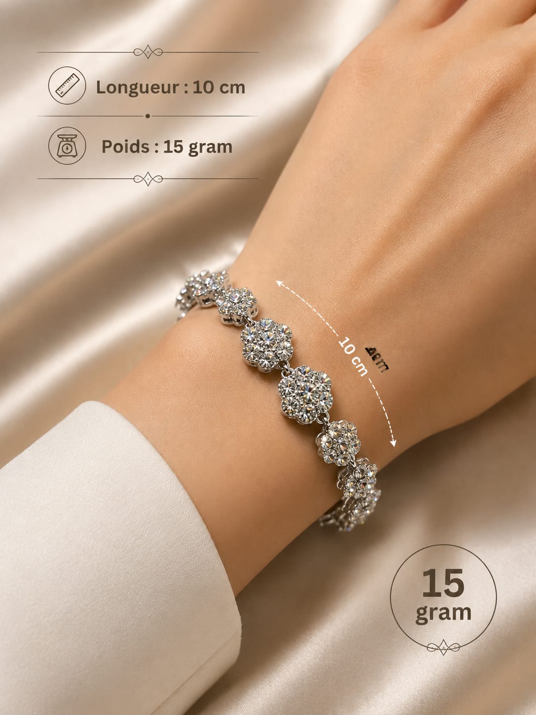 Bracelet fleurs strass argenté - porté au poignet, 10 cm, 15 g