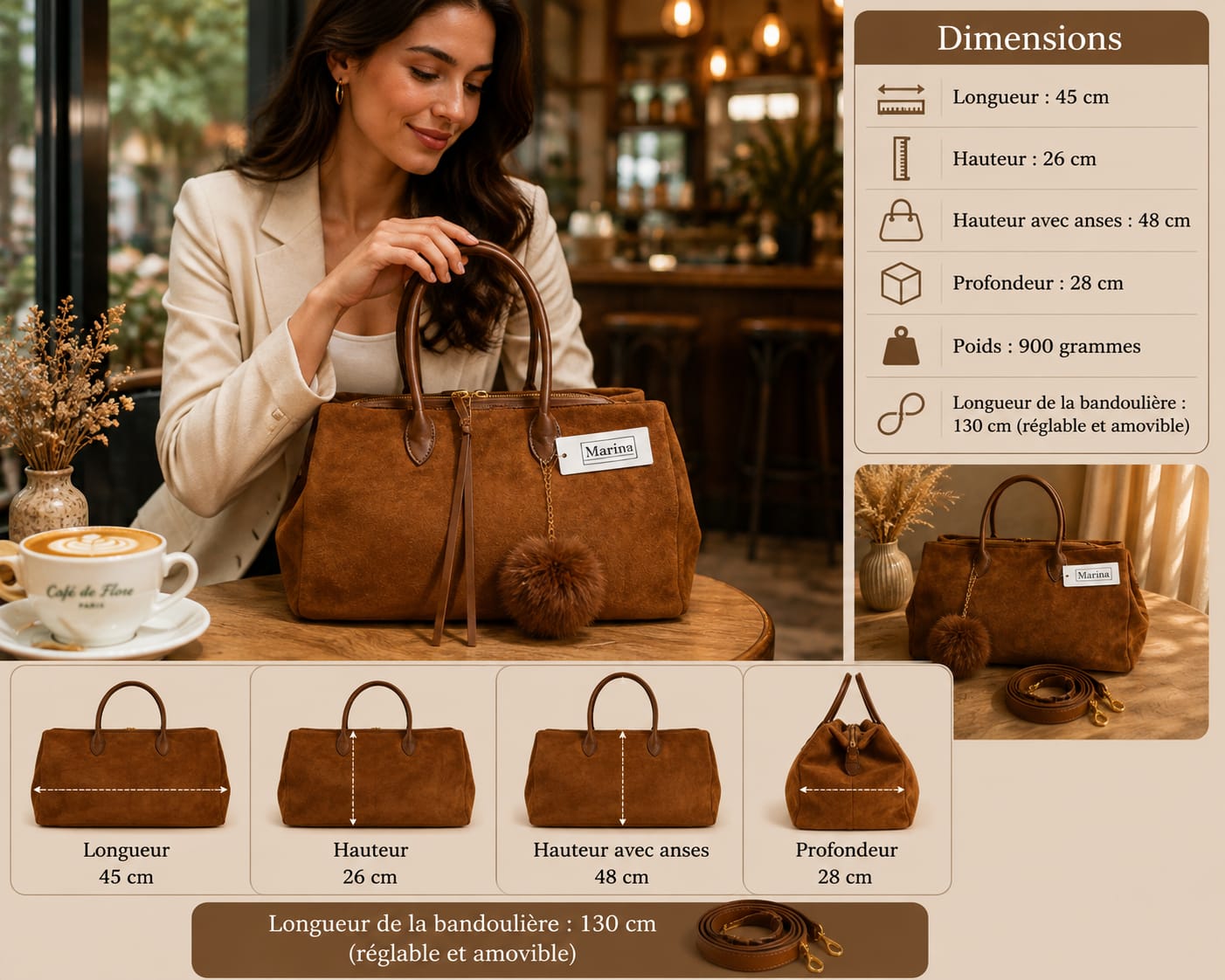 Sac Marina Marron Cognac - en café avec dimensions