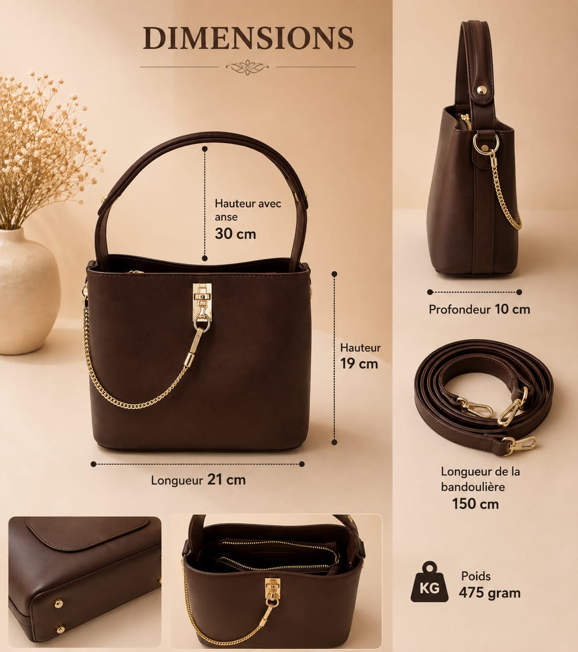 Sac bucket marron chocolat avec chaîne dorée – vue de face
