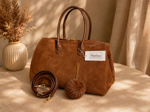 Sac Marina Marron Cognac - vue principale avec bandoulière et pompon