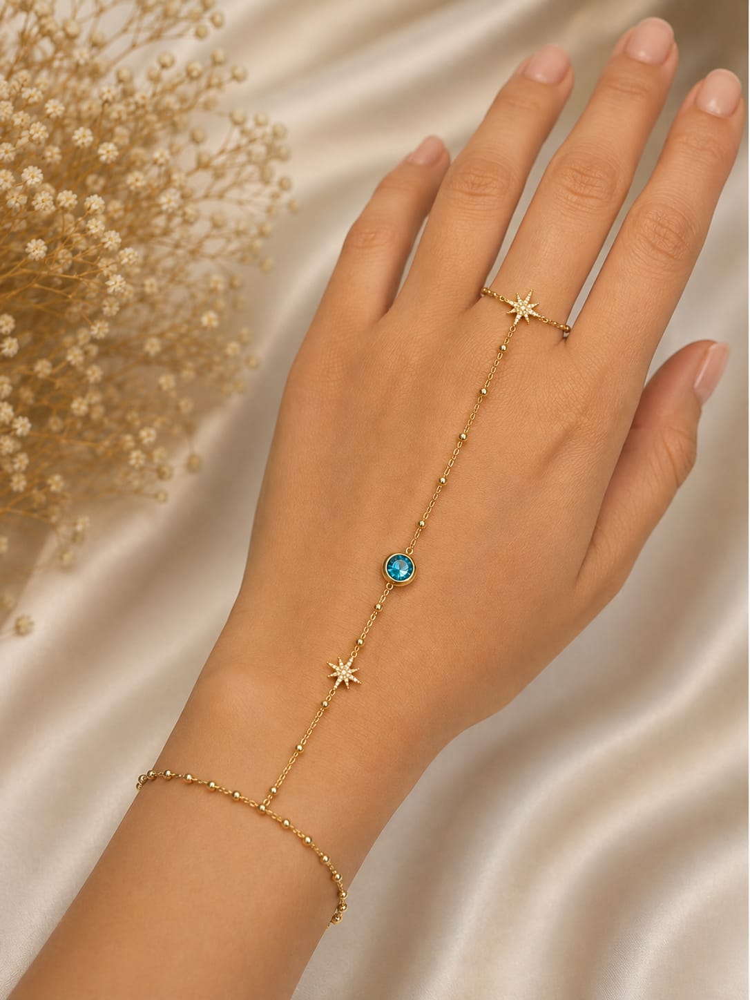 Bracelet bague chaîne étoile cristal bleu à plat
