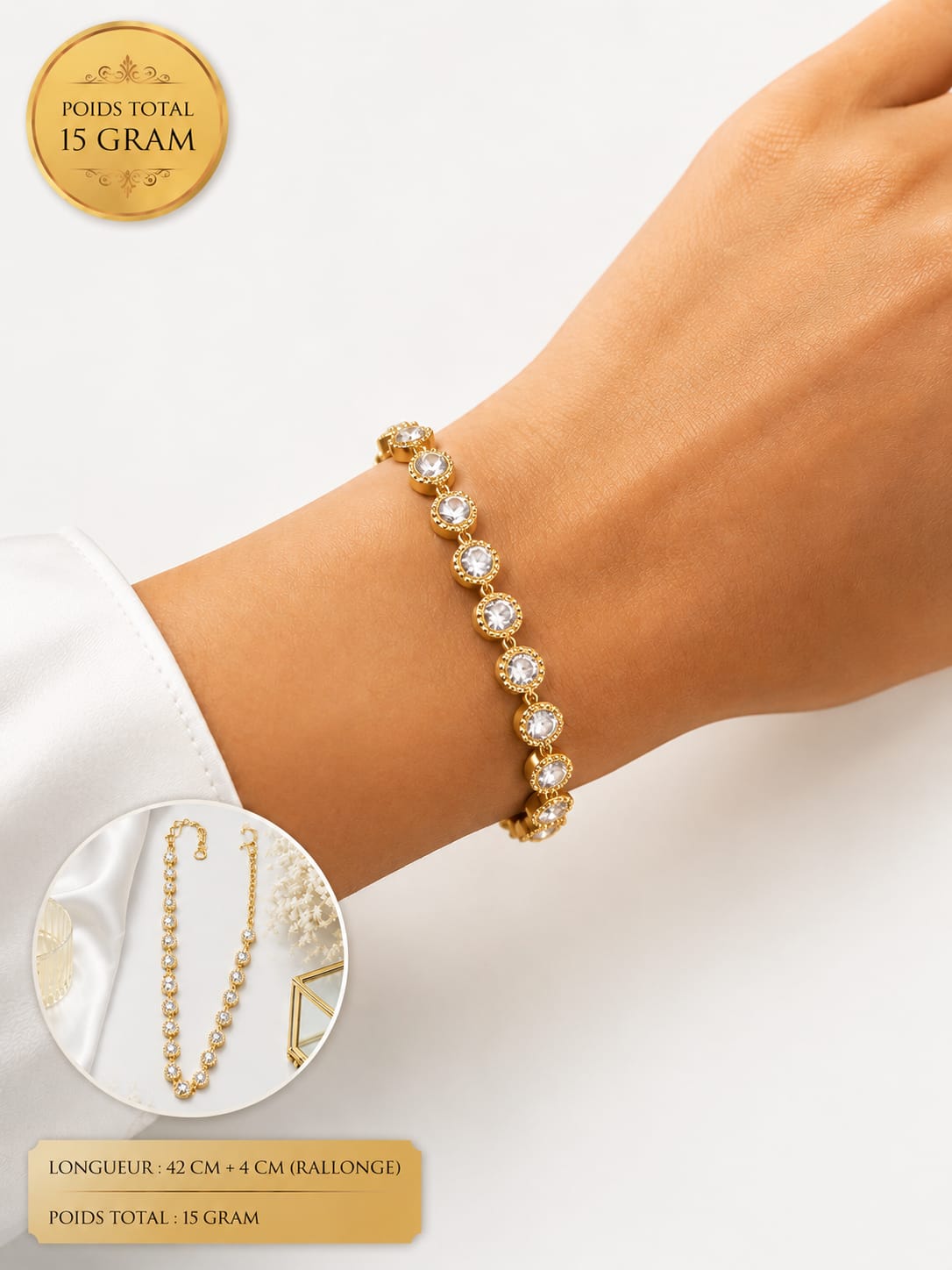 Bracelet rivière doré médaillons strass - porté au poignet, 14 g, 42 cm + 4 cm rallonge