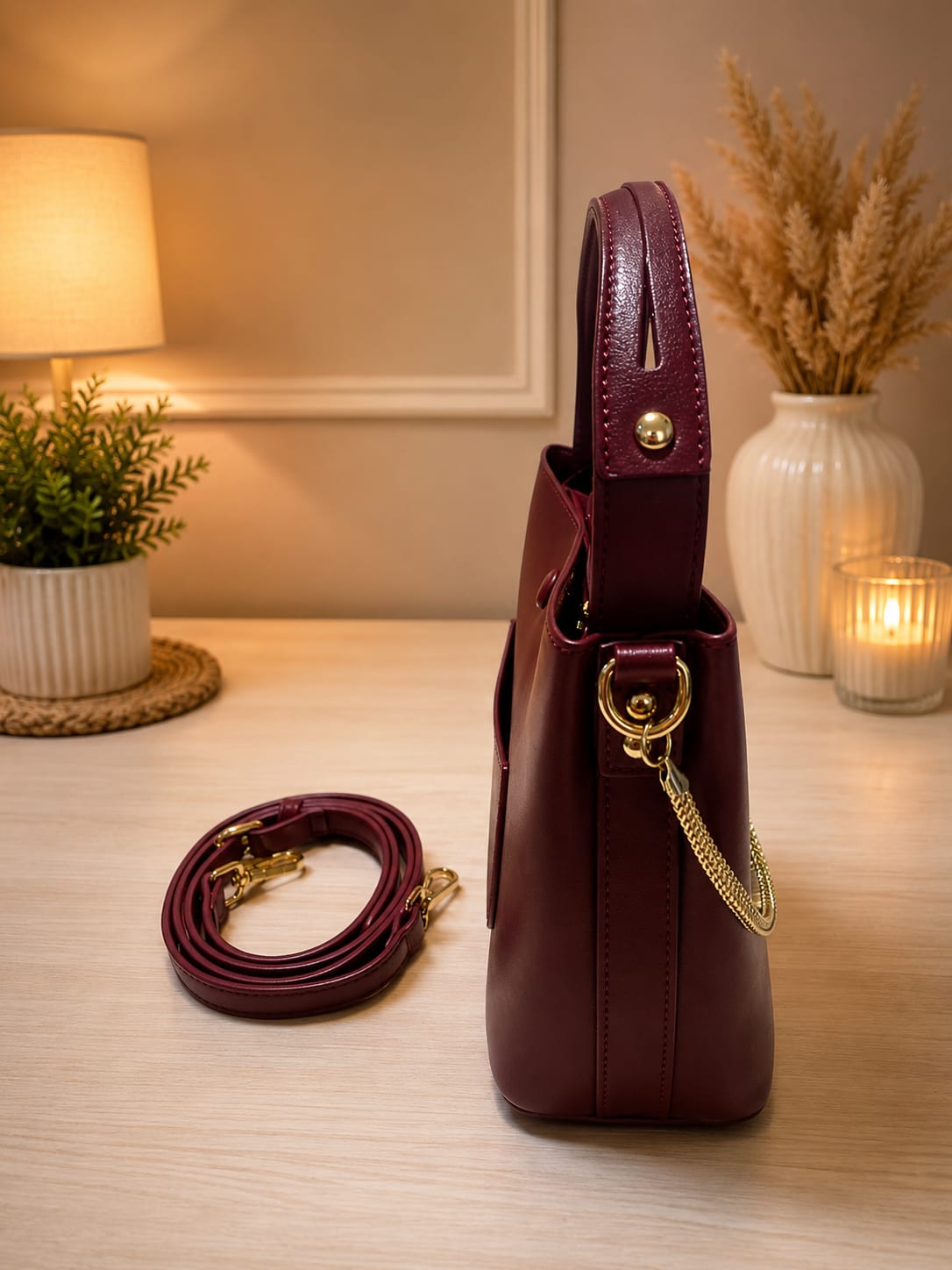 Sac bucket bordeaux - vue du dessous avec pieds protecteurs