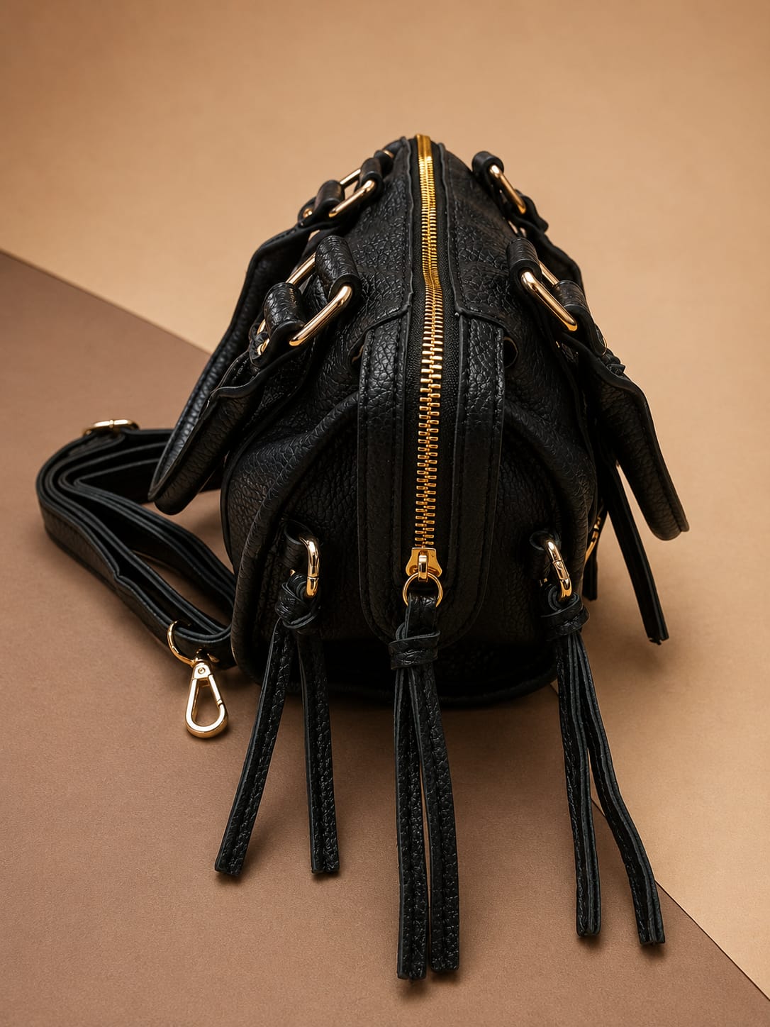 Sac Moto Noir – vue de face avec bandoulière