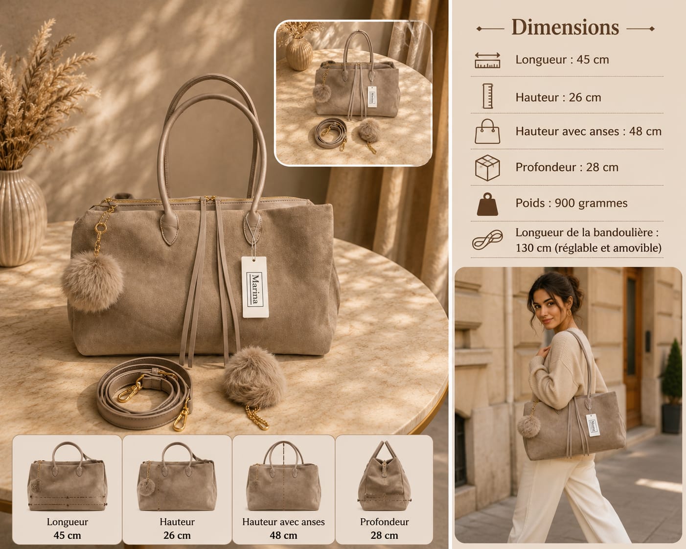 Sac Marina Taupe - vue de face avec pompon