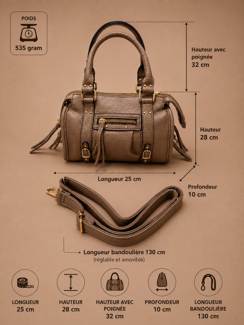 Mini Sac Bowling Taupe – vue détail cuir grainé