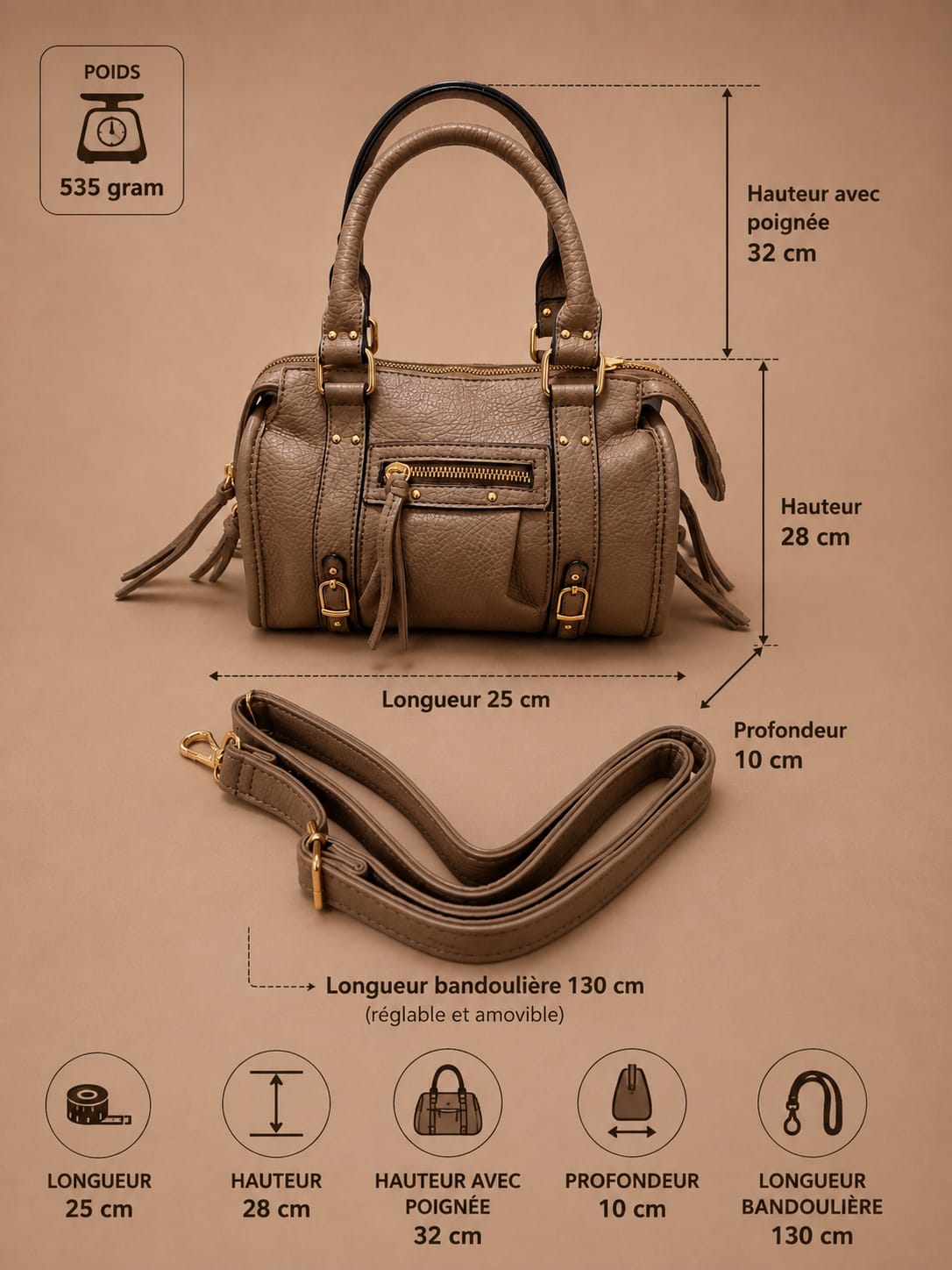 Mini Sac Bowling Taupe – vue détail cuir grainé