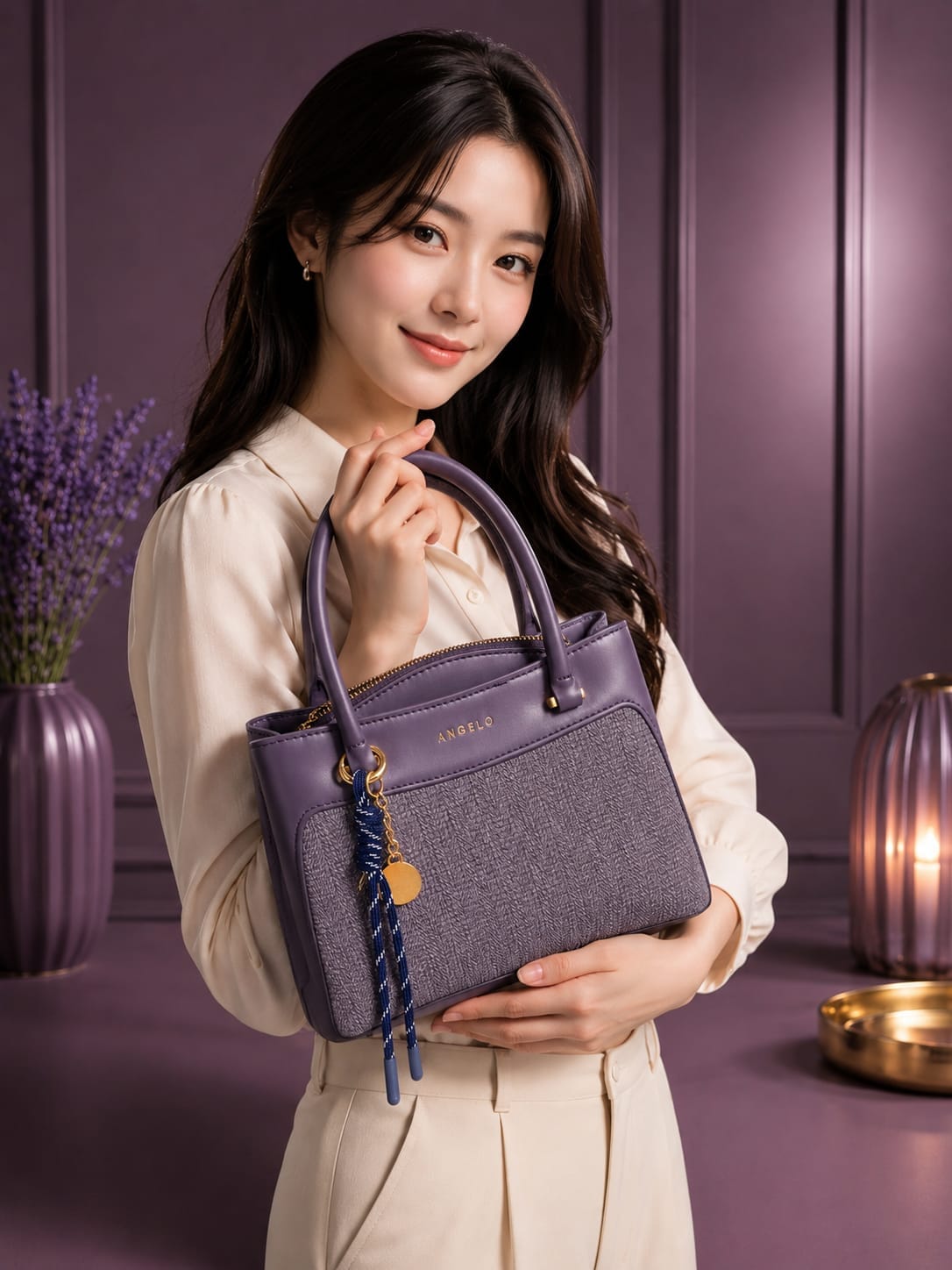 Sac à main Angelo violet et tweed porté par une femme