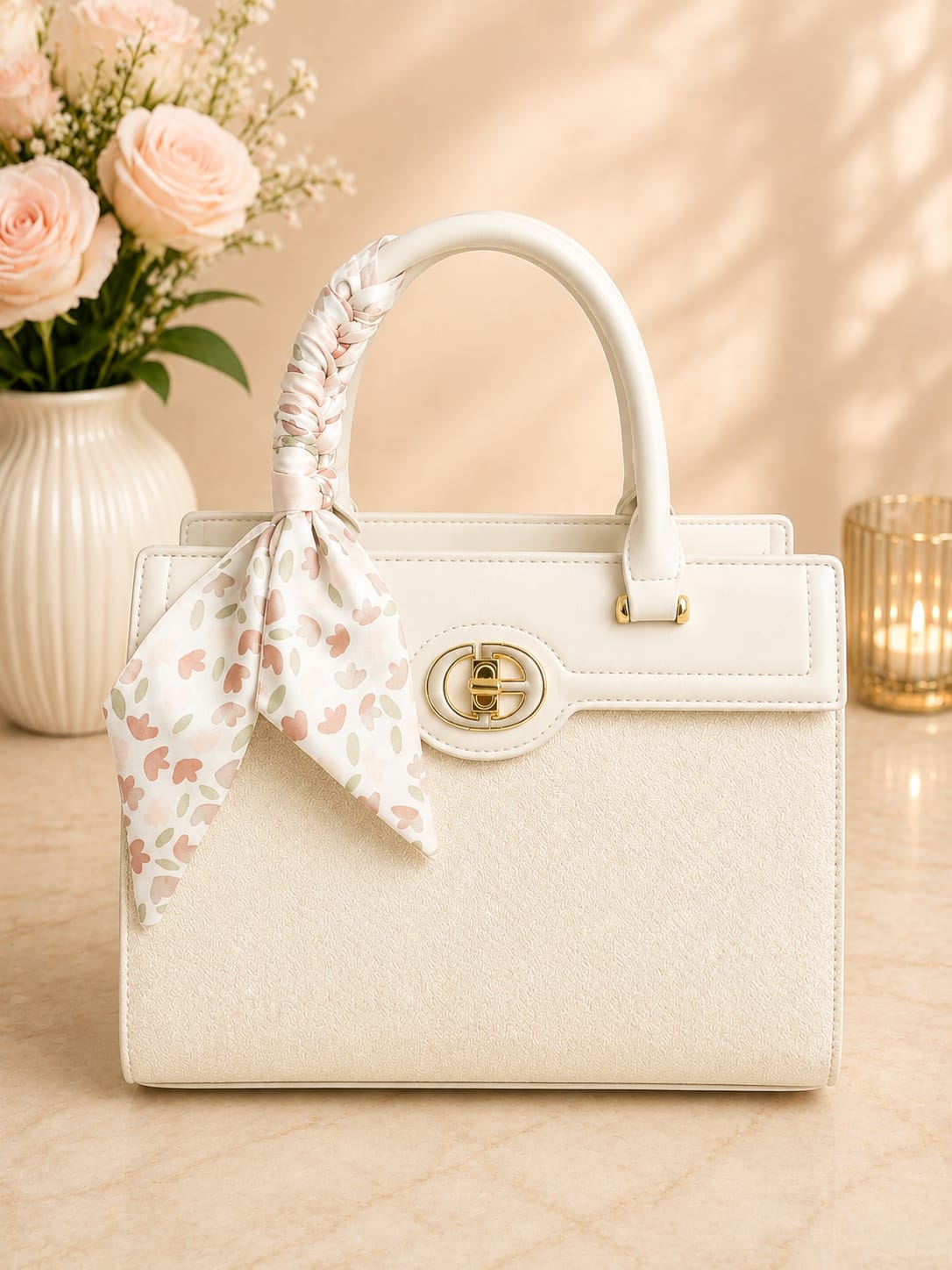Sac à main blanc - vue du dessous avec pieds dorés