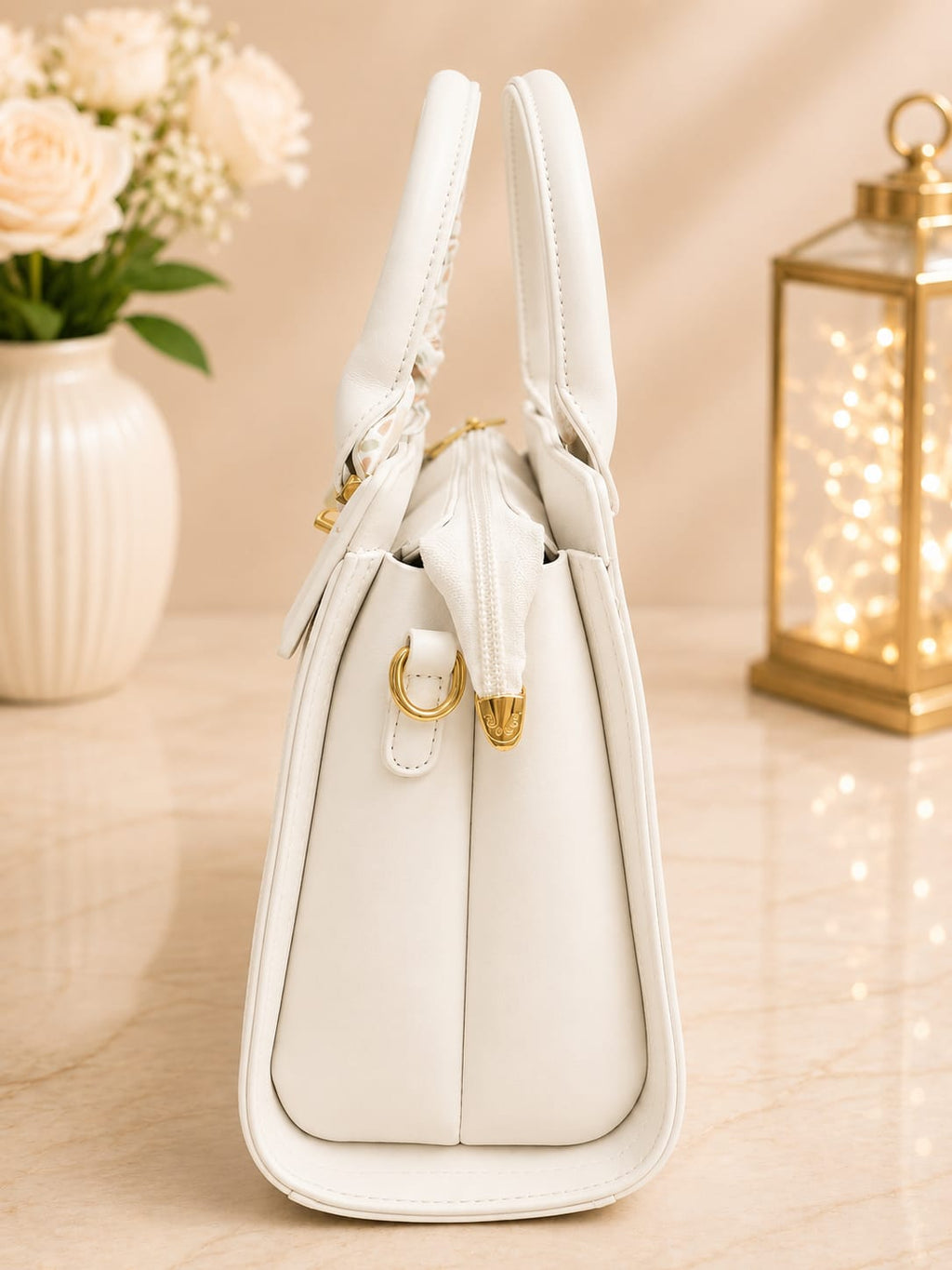 Sac à main blanc crème avec foulard - vue de face