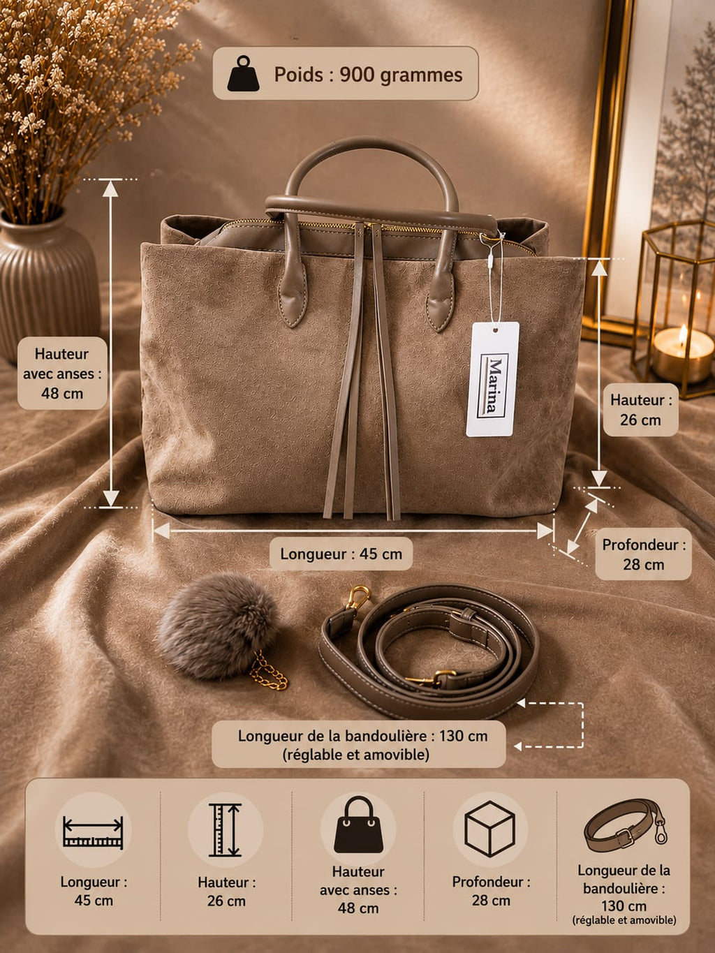 Sac à Main Marina Taupe avec Bandoulière et Pompon