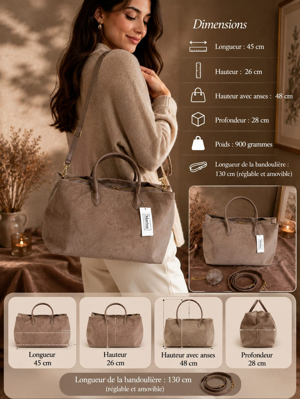 Sac à Main Marina Taupe avec Bandoulière et Pompon