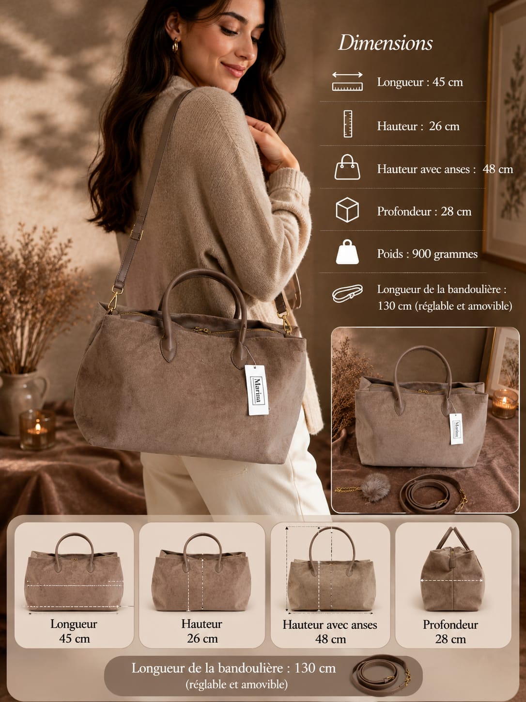 Sac à Main Marina Taupe avec Bandoulière et Pompon