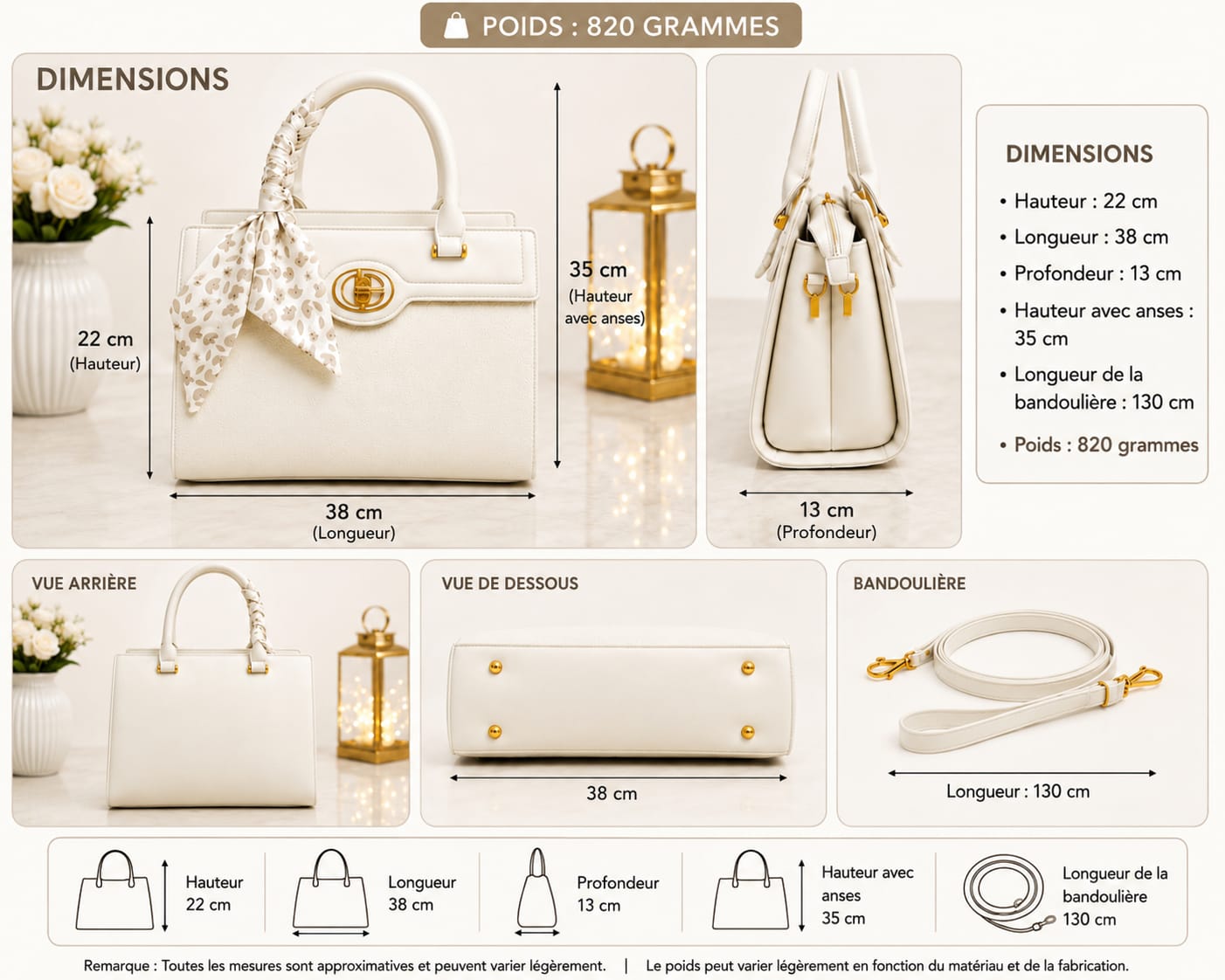 Sac blanc crème - dimensions et poids 820g